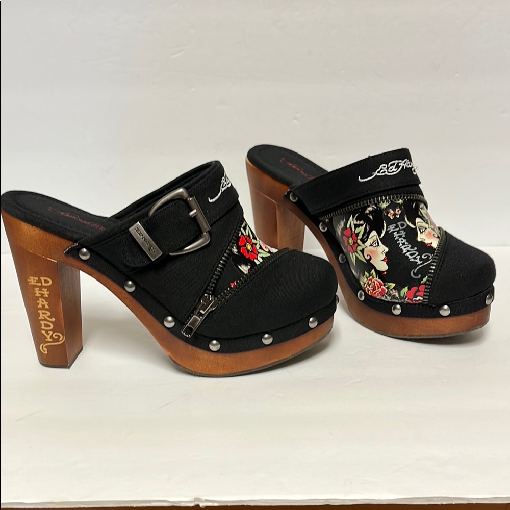 Ed Hardy Black Floral Mules with Wooden Heel